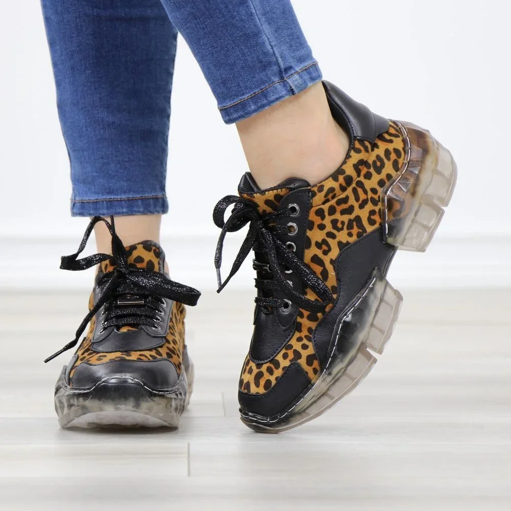 Animal Leopard Print Women's Fashion Chunky Heel Sneakers Shoes - Picture 10 of 15